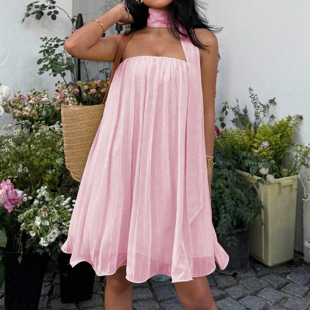 Baby Pink Casual Women's Plain Color Pleated A-Line Mini Cami Dress